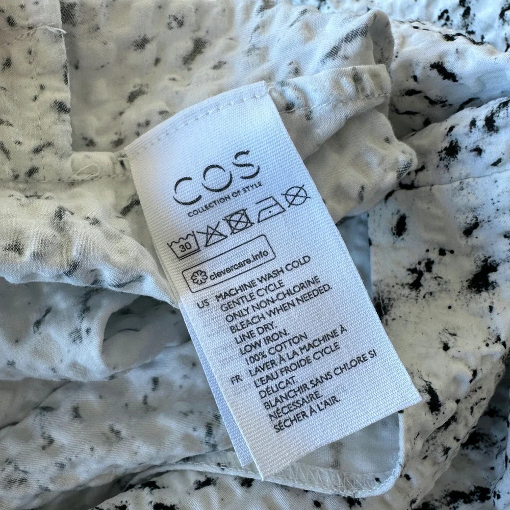 COS Crinkled Zip Front‎ Dress White Black Speckled Short Sleeve Collared Size 6
